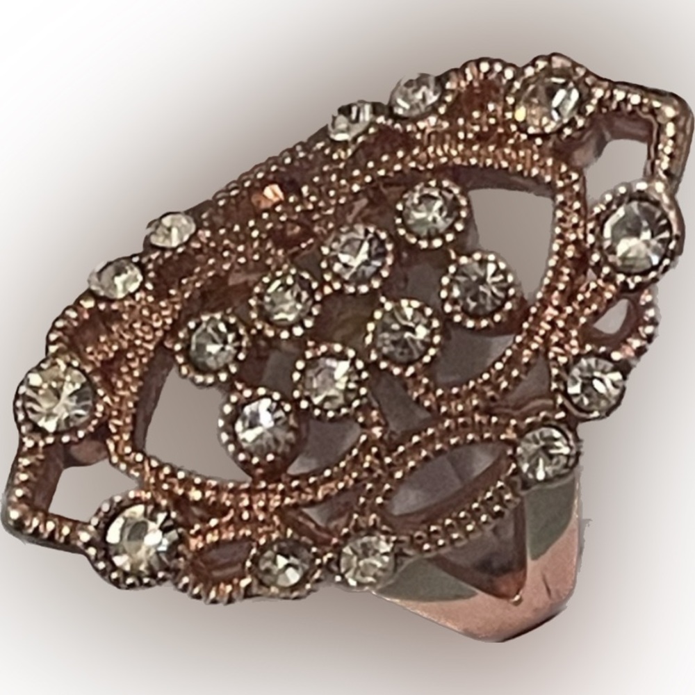 Vintage Rose Gold Tone Clear Rhinestone Statement Metallic Acrylic Ring
